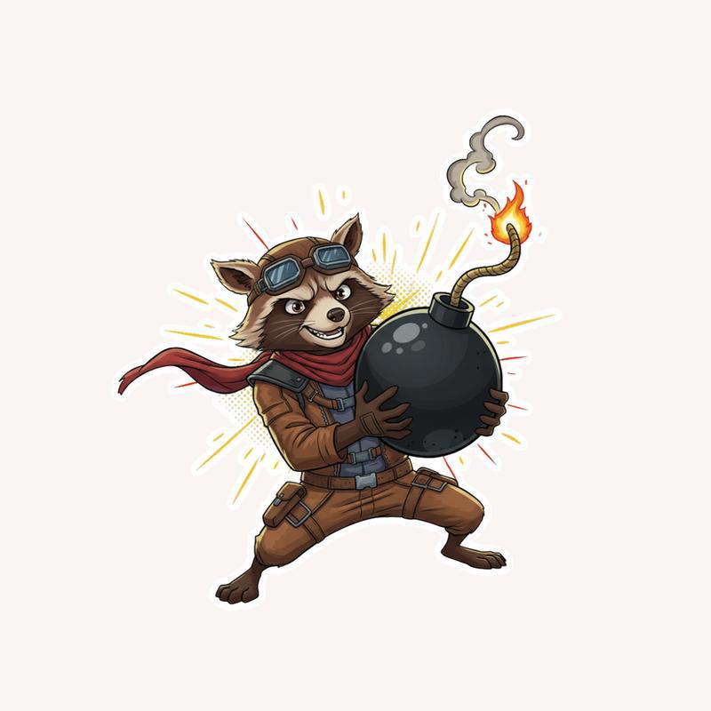 Rocket Raccoon Holding Bomb Sticker - Raccsy