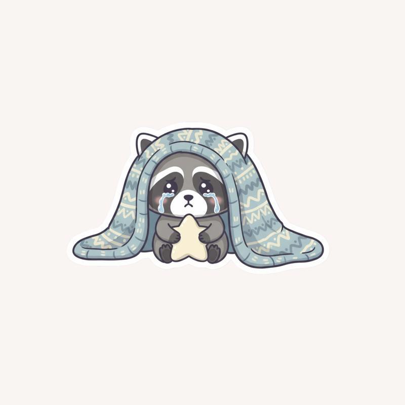 Sad Raccoon With Blanket Sticker - Raccsy