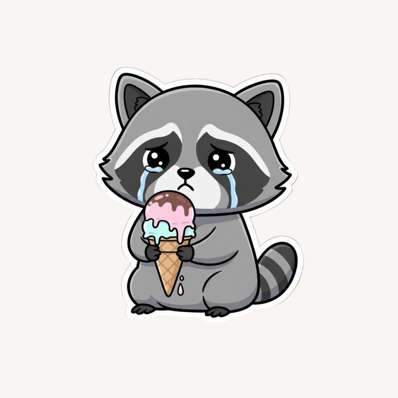 Sad Raccoon With Ice Cream Sticker - Raccsy