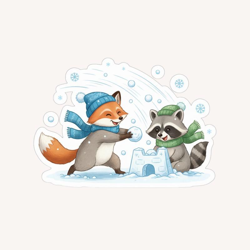 Snowball Fight Raccoon Fox Sticker - Raccsy