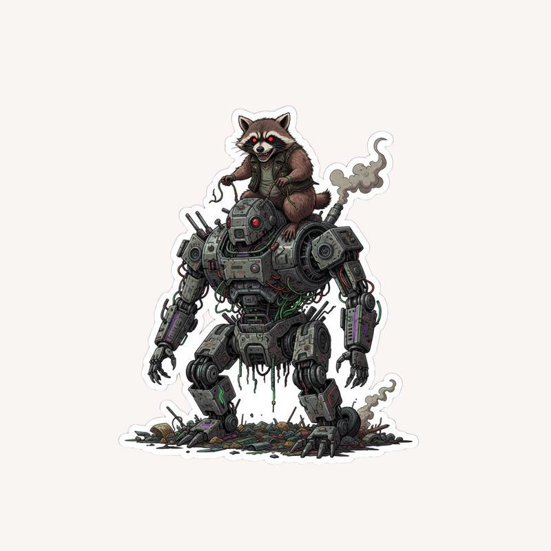 Unhinged And Feral Raccoon Riding Trash Robot Sticker - Raccsy