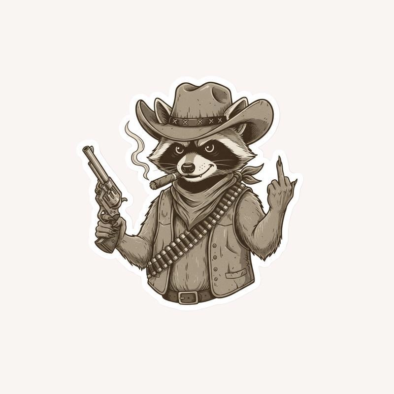 Vintage Cowboy Raccoon Middle Finger Sticker - Raccsy