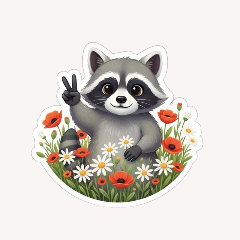 Wildflower Patch Raccoon Peace Sign Sticker - Raccsy