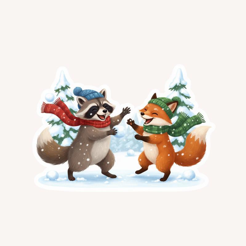Winter Raccoon Fox Snowball Fight Sticker - Raccsy