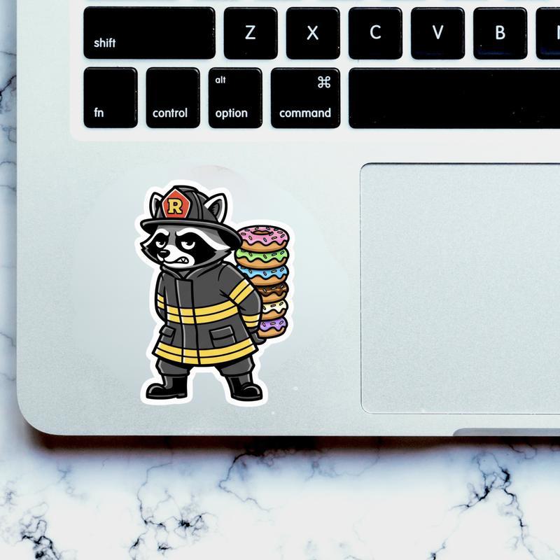 Firefighter Raccoon, Stealing Donuts Snack Sticker Firefighter Raccoon, Stealing Donuts Snack Sticker