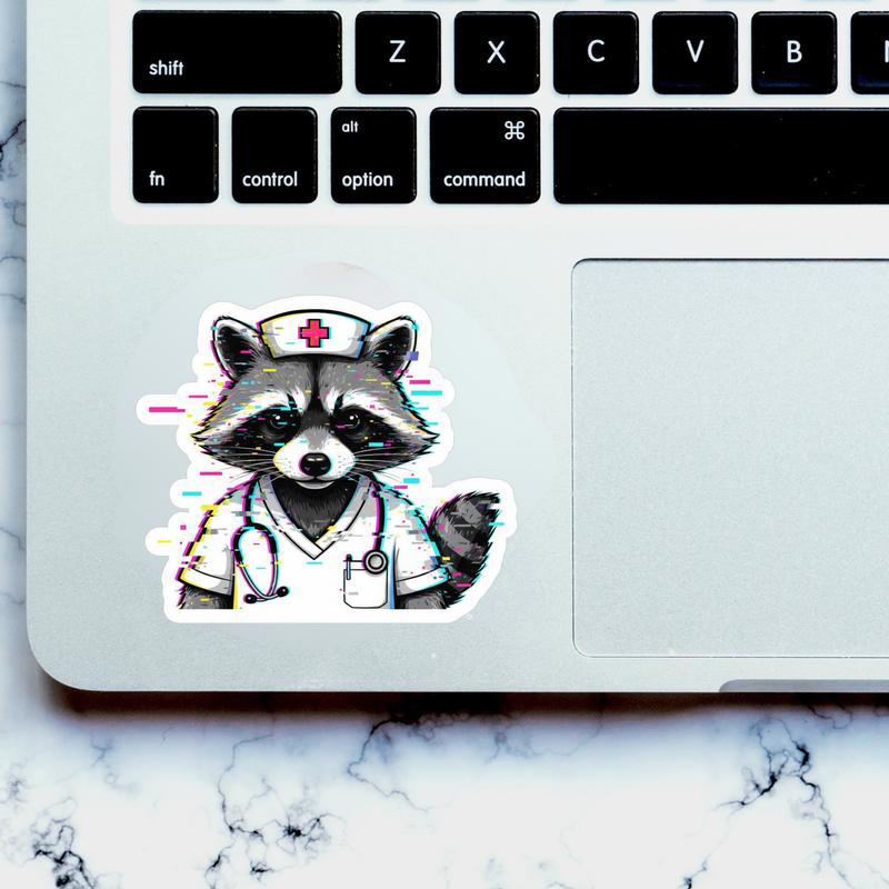 Glitch Art Nurse Raccoon Sticker