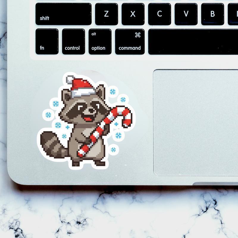 Pixelated Raccoon Holding Candy Cane Sticker