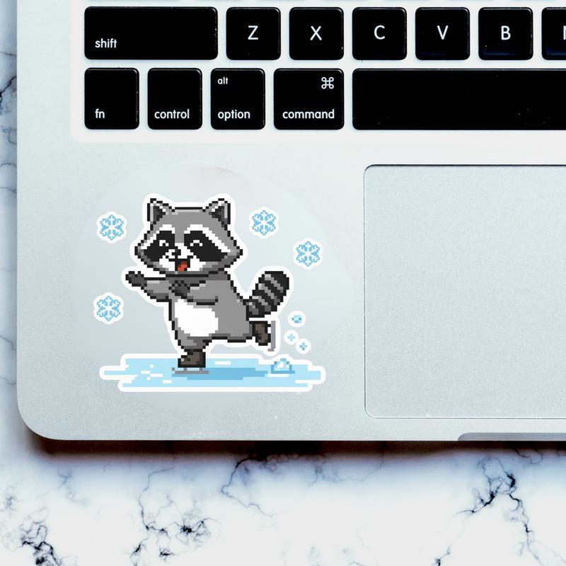 Pixelated Raccoon Ice Skating Sticker