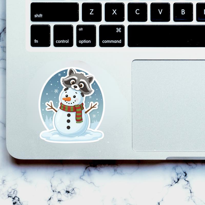 Raccoon Peeker Behind Snowman Sticker Raccoon Peeker Behind Snowman Sticker