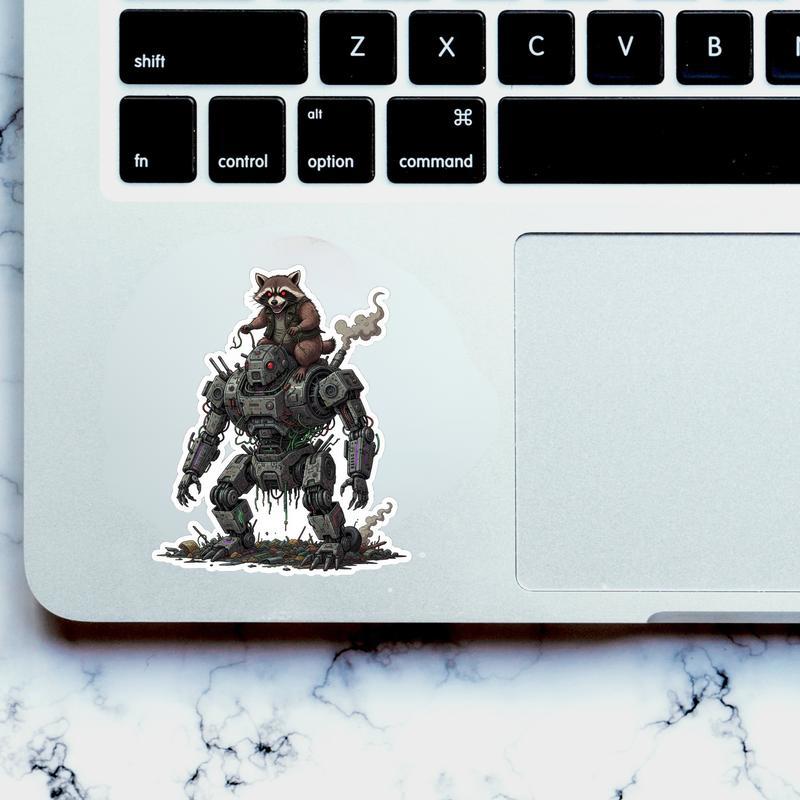 Unhinged And Feral Raccoon Riding Trash Robot Sticker