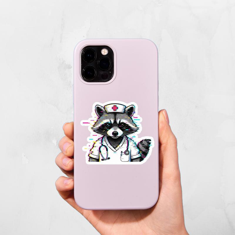 Glitch Art Nurse Raccoon Sticker