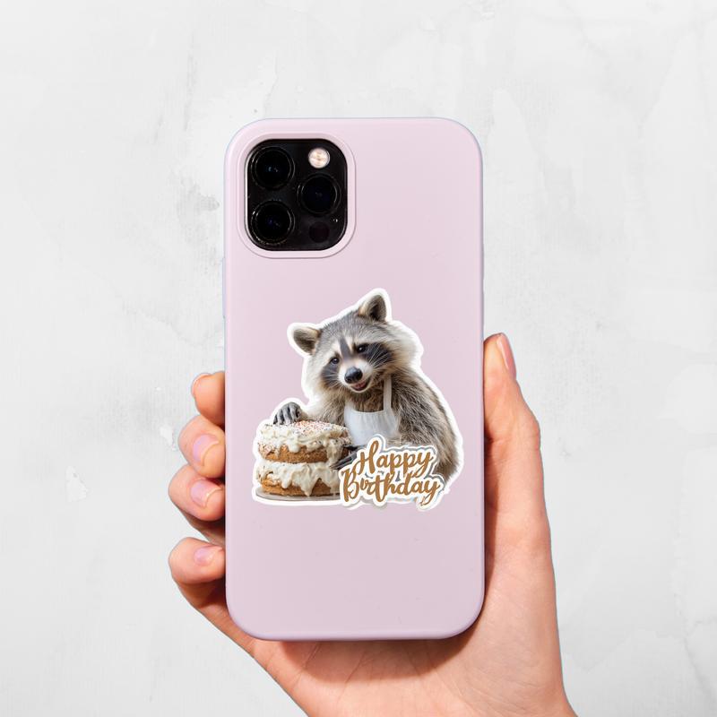 Happy Birthday Raccoon Sticker With Cake Sticker