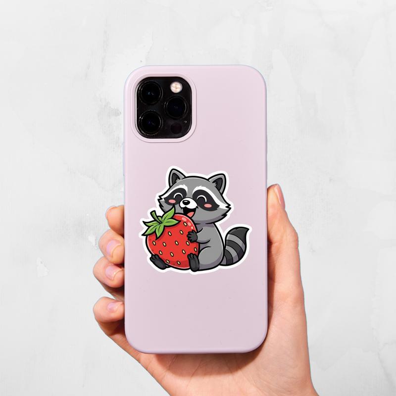Kawaii Raccoon With Strawberry Sticker