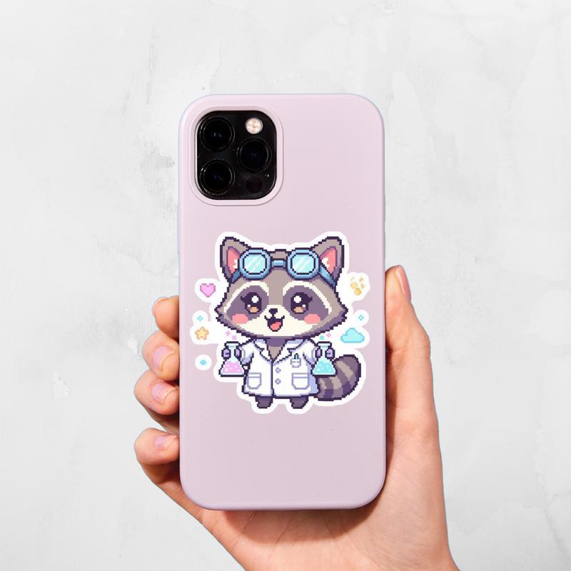 Pixelated Raccoon ChPixel Kawaii Raccoon Scientistasing Butterflies Sticker