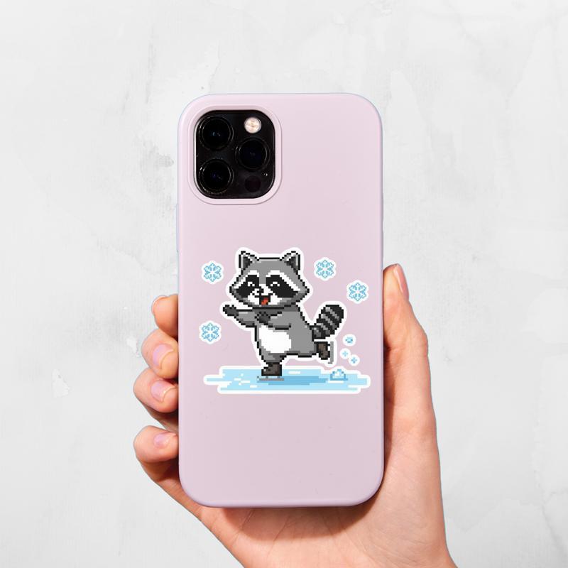 Pixelated Raccoon Ice Skating Sticker