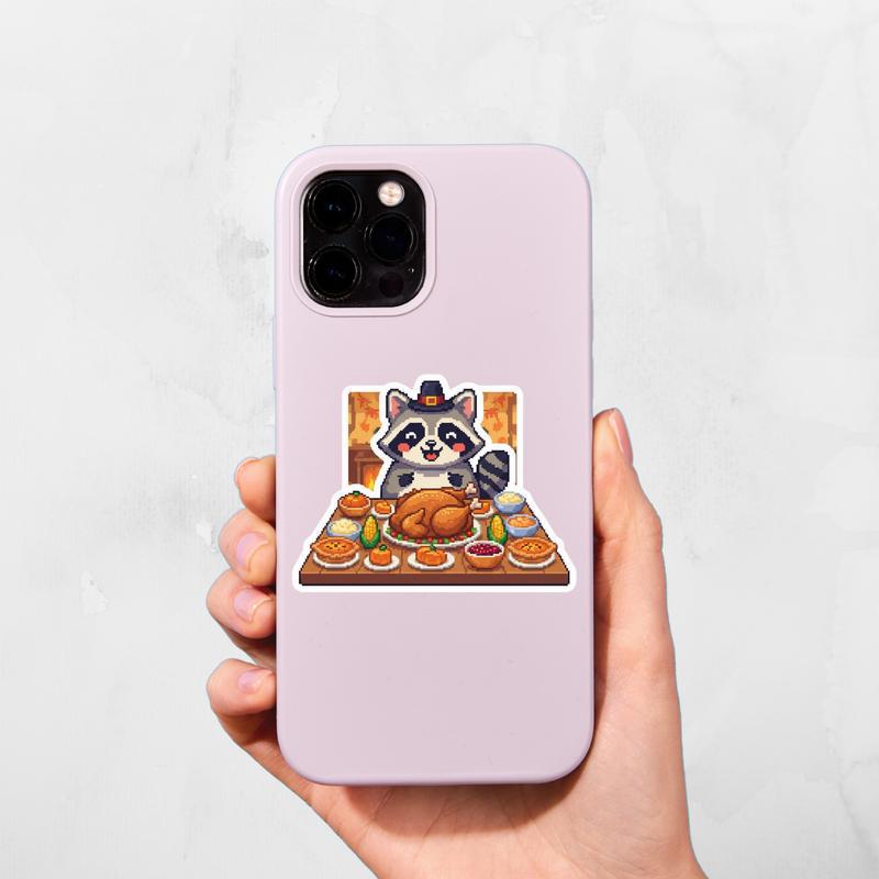 Pixelated Raccoon Thanksgiving Feast Sticker
