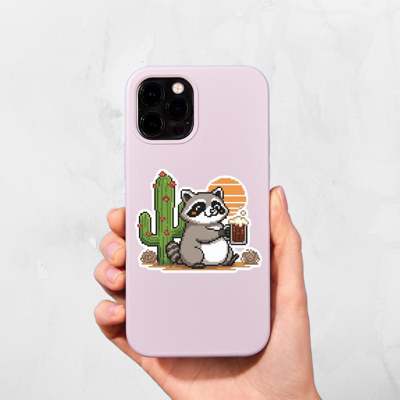 Pixelated Raccoon With Cactus Sticker