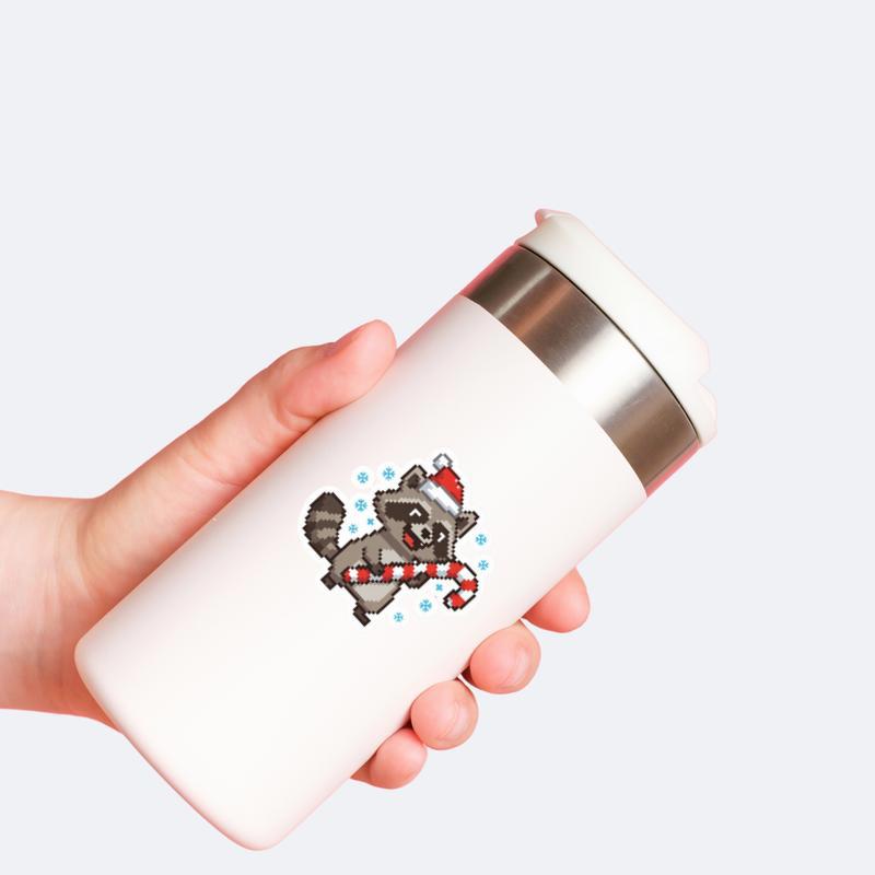 Pixelated Raccoon Holding Candy Cane Sticker