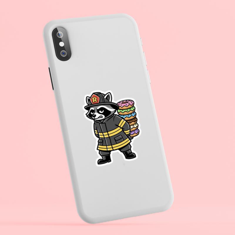 Firefighter Raccoon, Stealing Donuts Snack Sticker Firefighter Raccoon, Stealing Donuts Snack Sticker