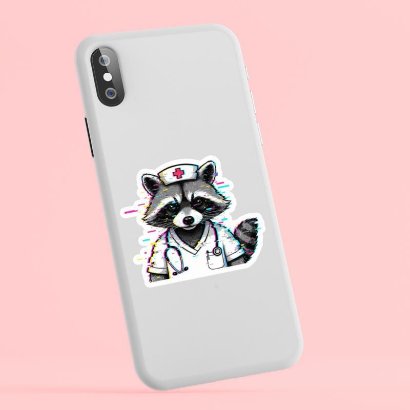 Glitch Art Nurse Raccoon Sticker