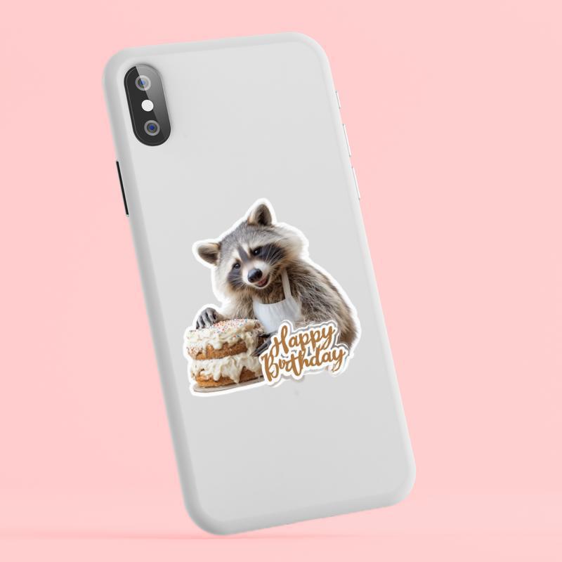 Happy Birthday Raccoon Sticker With Cake Sticker
