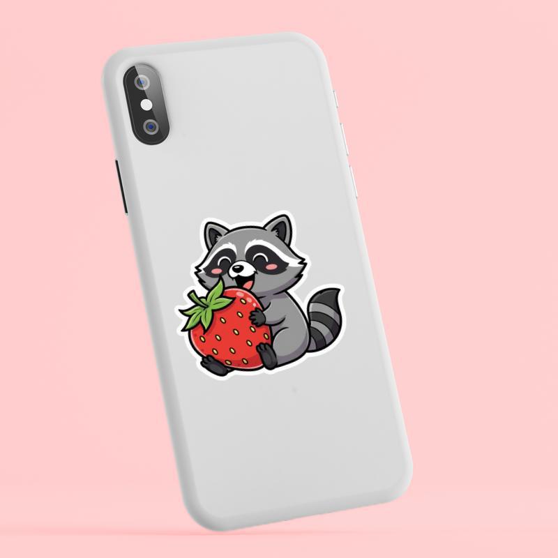 Kawaii Raccoon With Strawberry Sticker