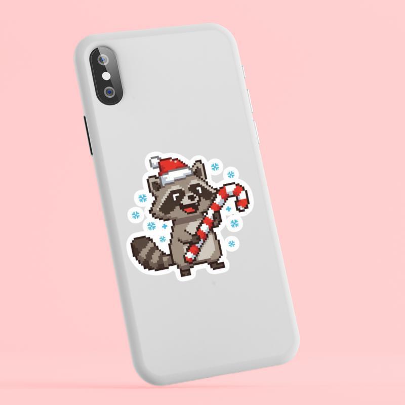 Pixelated Raccoon Holding Candy Cane Sticker