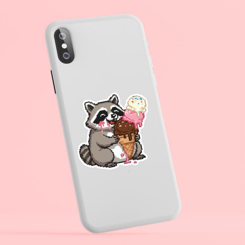 Pixelated Raccoon Ice Cream Sticker