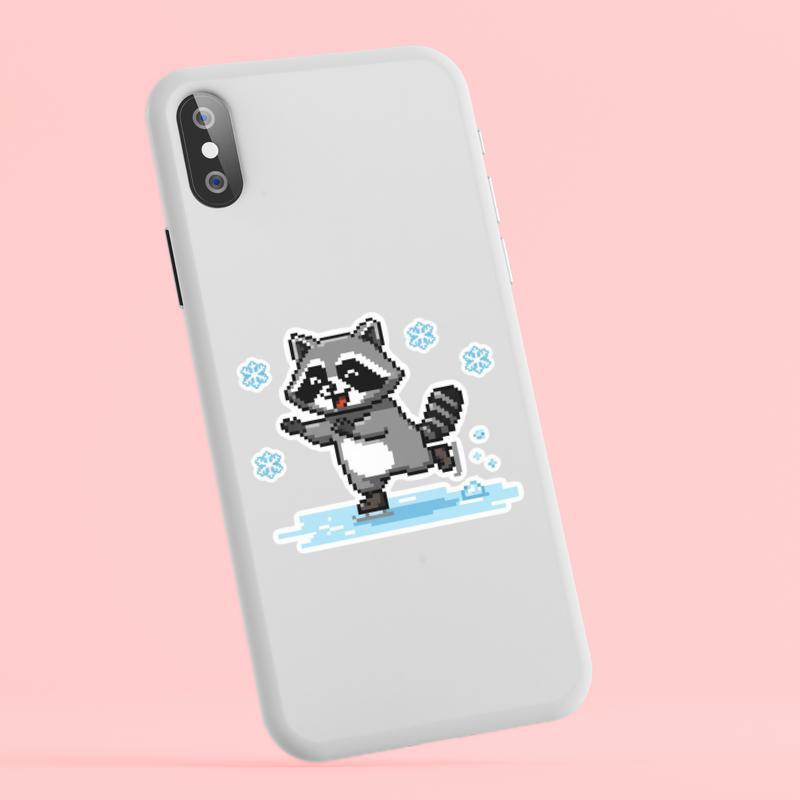 Pixelated Raccoon Ice Skating Sticker