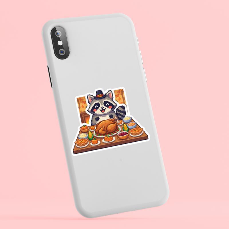 Pixelated Raccoon Thanksgiving Feast Sticker