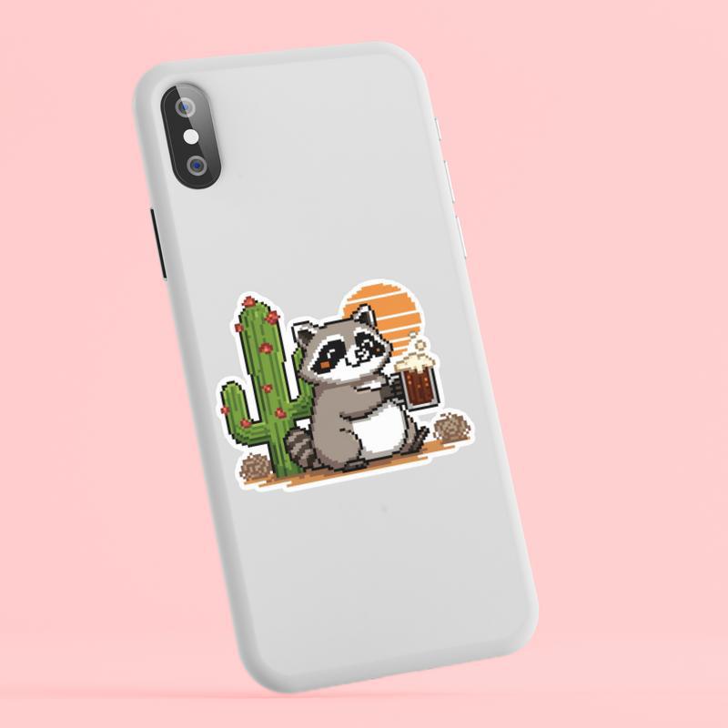 Pixelated Raccoon With Cactus Sticker