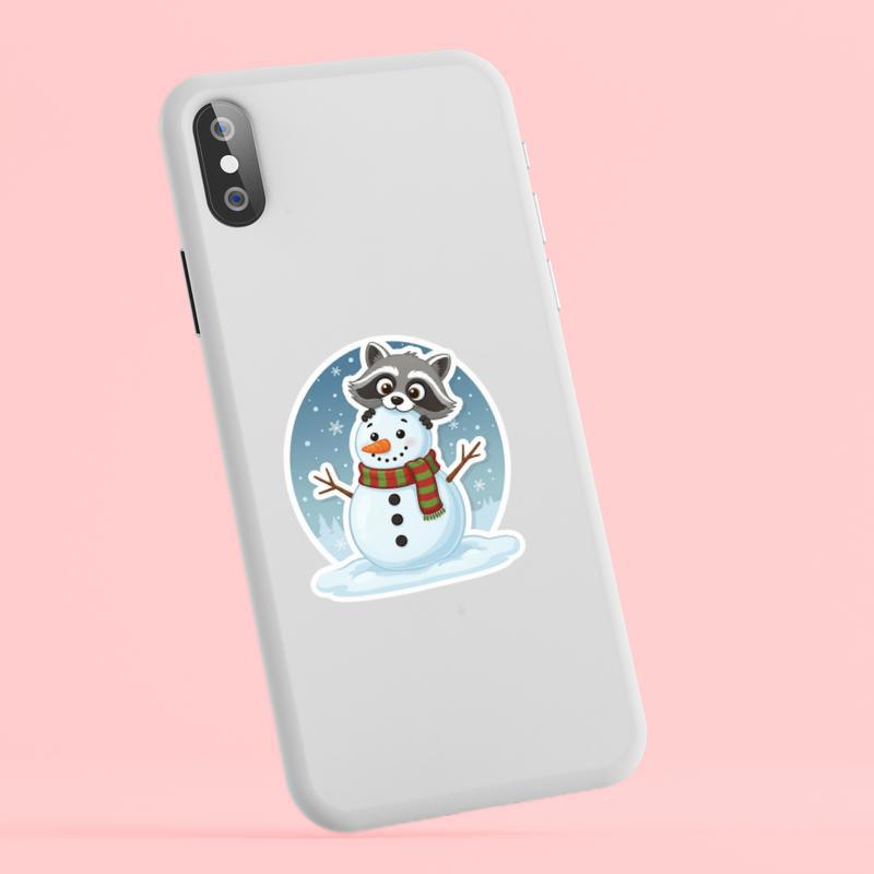 Raccoon Peeker Behind Snowman Sticker Raccoon Peeker Behind Snowman Sticker