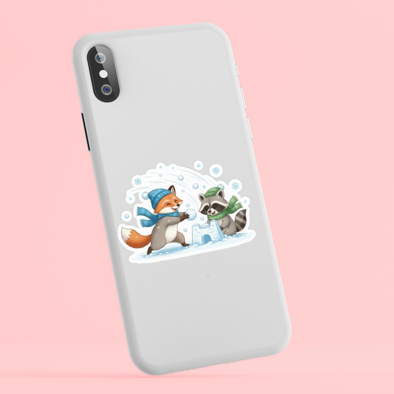 Snowball Fight Raccoon Fox Sticker Snowball Fight Raccoon Fox Sticker