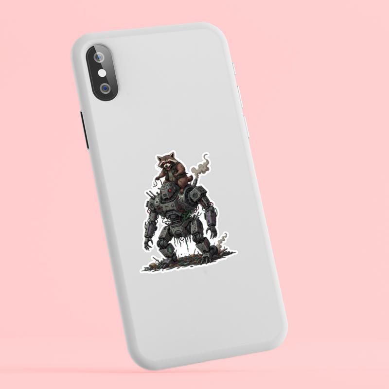 Unhinged And Feral Raccoon Riding Trash Robot Sticker
