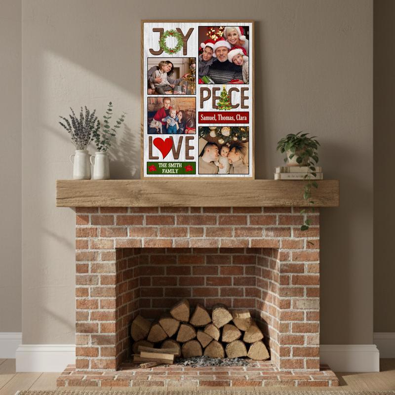 Custom Christmas Joy, Peace, Love Photo Collage Farmhouse Canvas