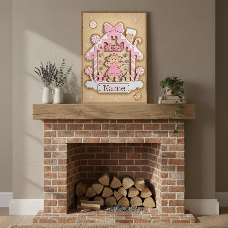 Personalized Pink Gingerbread Canvas - Xmas Gift For Baby Girl