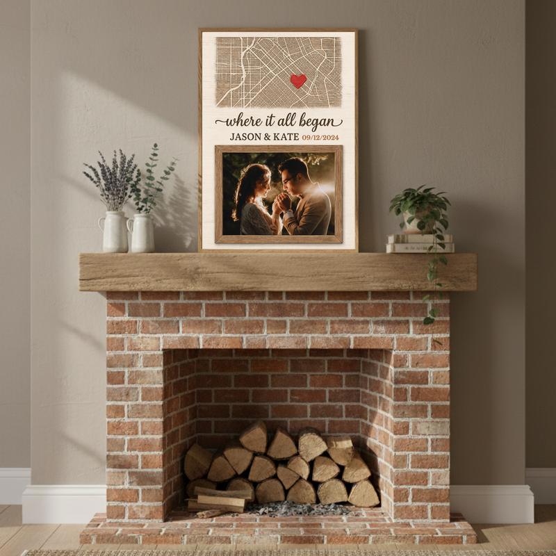 Where It All Began Anniversary Gift - Custom Map & Photo Canvas