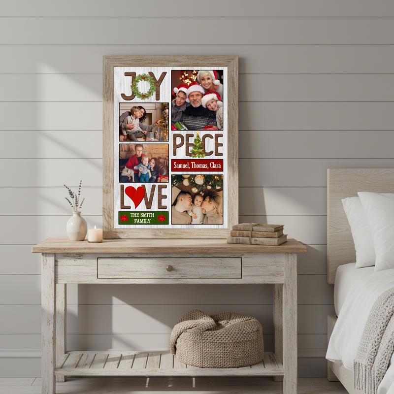Custom Christmas Joy, Peace, Love Photo Collage Farmhouse Canvas