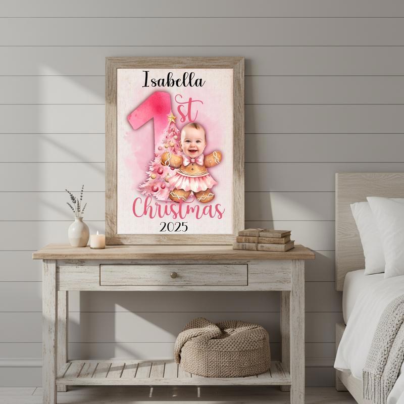 Custom Pink Gingerbread Ballerina Canvas - Baby Girl 1st Christmas