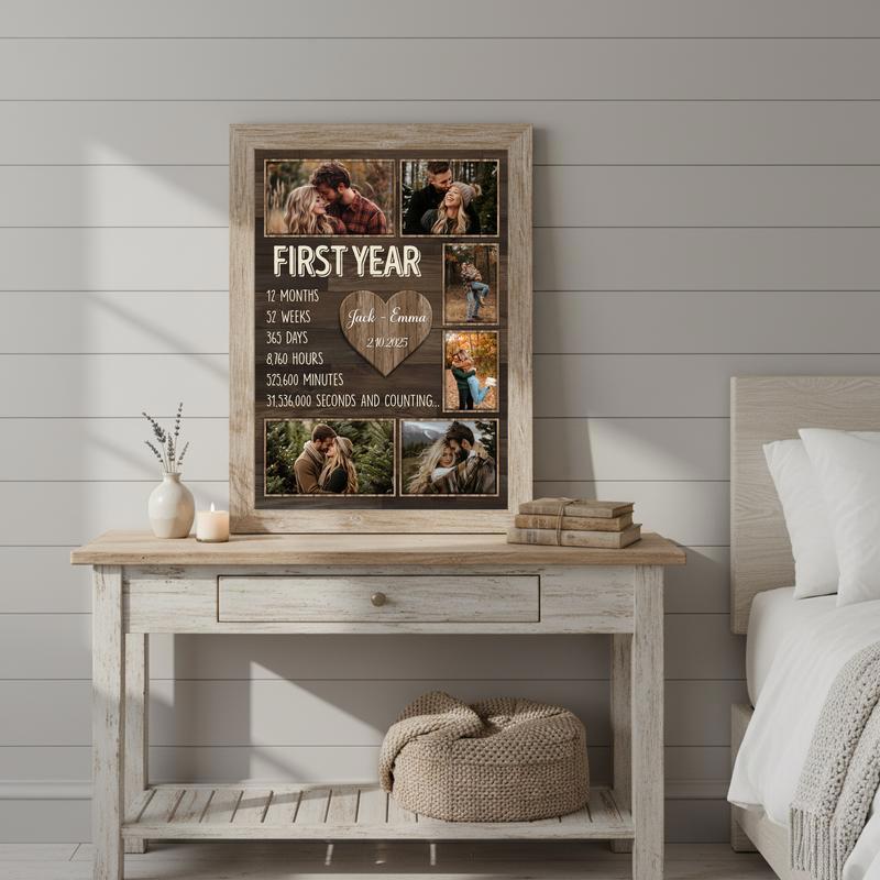 Our First Year - Rustic Photo Collage Anniversary Canvas