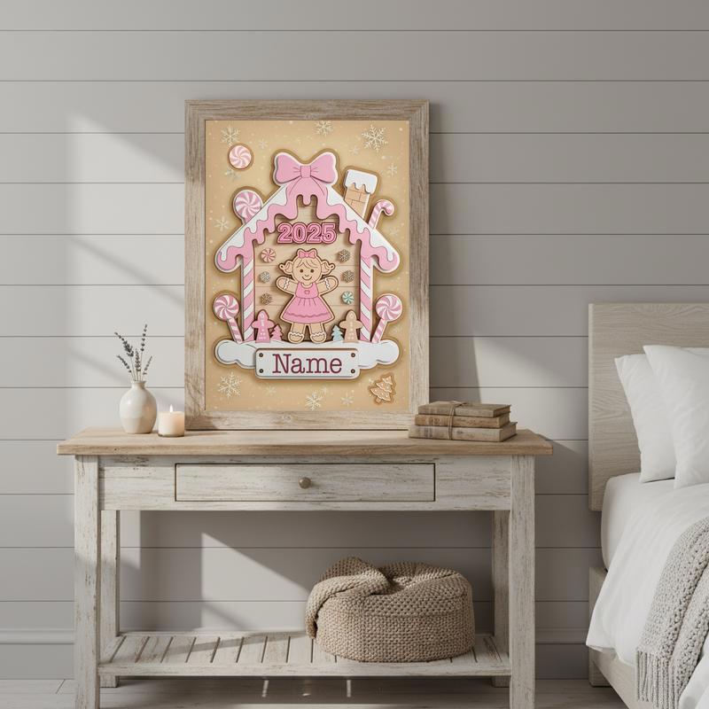 Personalized Pink Gingerbread Canvas - Xmas Gift For Baby Girl