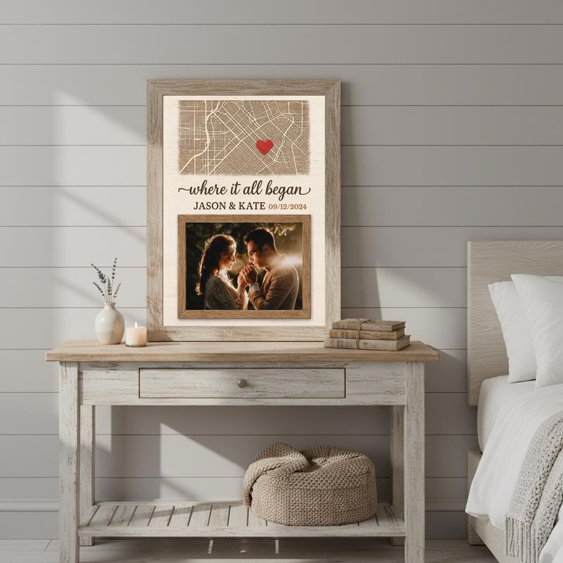 Where It All Began Anniversary Gift - Custom Map & Photo Canvas