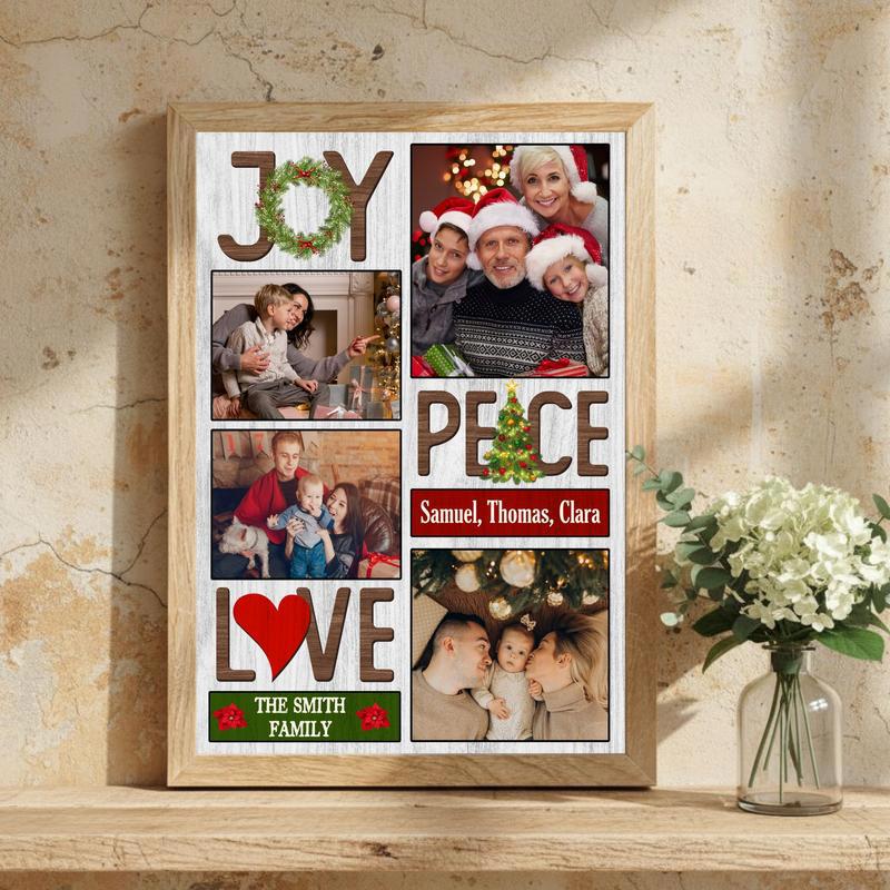 Custom Christmas Joy, Peace, Love Photo Collage Farmhouse Canvas