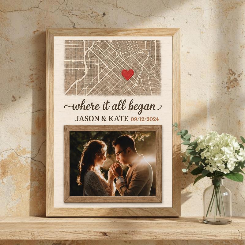 Where It All Began Anniversary Gift - Custom Map & Photo Canvas