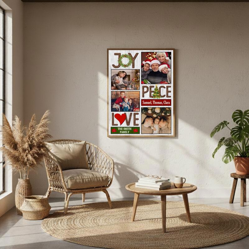 Custom Christmas Joy, Peace, Love Photo Collage Farmhouse Canvas