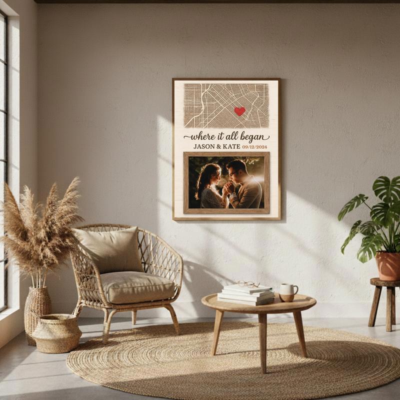 Where It All Began Anniversary Gift - Custom Map & Photo Canvas