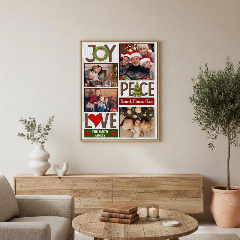 Custom Christmas Joy, Peace, Love Photo Collage Farmhouse Canvas