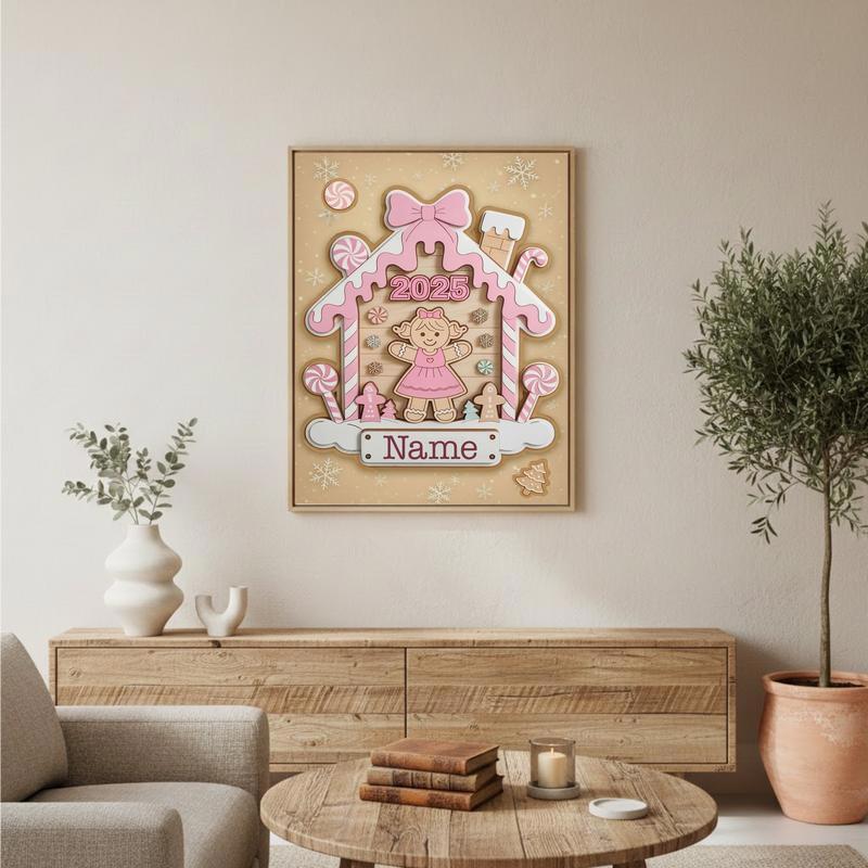 Personalized Pink Gingerbread Canvas - Xmas Gift For Baby Girl