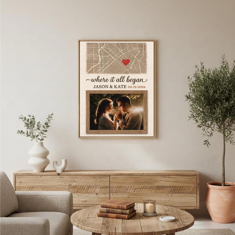 Where It All Began Anniversary Gift - Custom Map & Photo Canvas