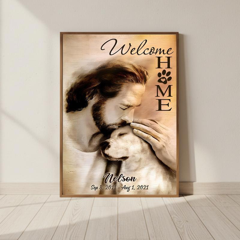 Comforting Christian Pet Loss - Jesus Arms Dog Memorial Canvas - Personalize Wall Art